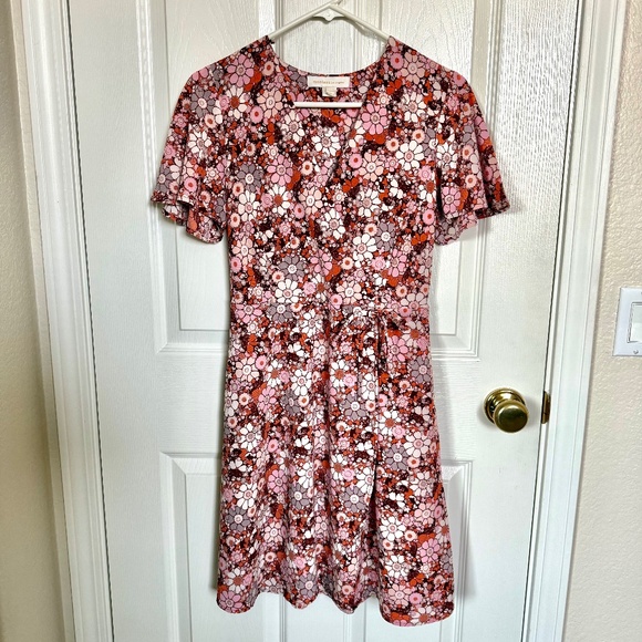 Monteau Los Angeles Floral Wrap Dress with Flutter Wing Pink Burgundy Size M - Picture 1 of 7